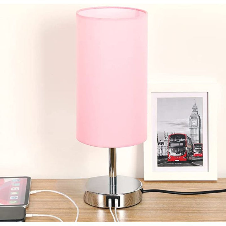 Lampe med USB-forbindelse Touch-Control Bordlampe til Soveværelse Træ 3-trins dæmpbar Sengelampe med Rund Linned Skærm til Stue, Studenterbolig, Hjemmekontor