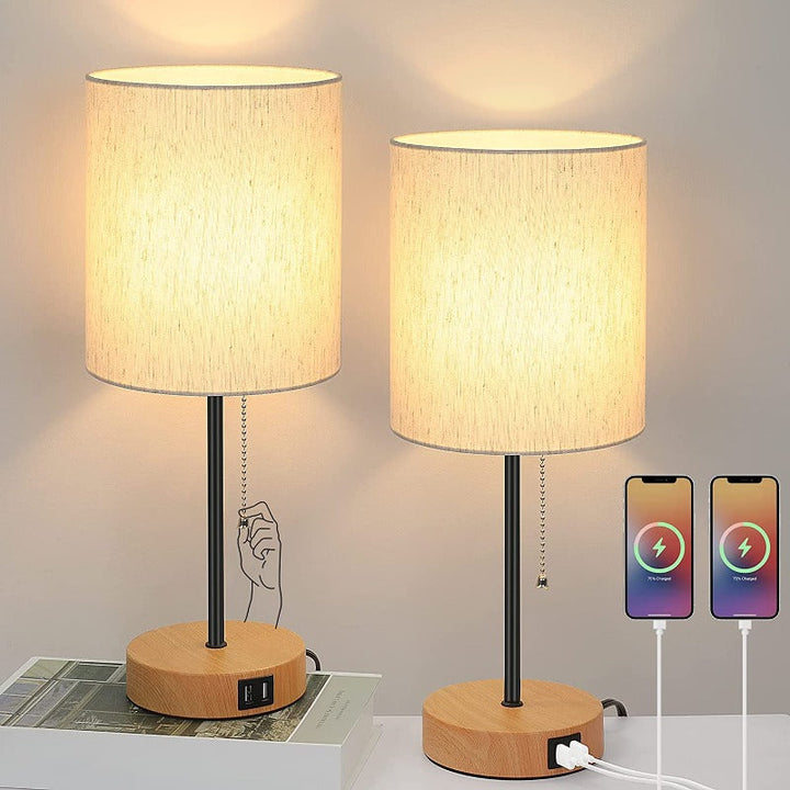 Bordlampe sæt af 2 med USB-opladningsporte, grå natlamper med AC-stik, natlamper med trækontakt, minimalistiske moderne skrivebordslamper med stofskærm til stue, soveværelse, kontor