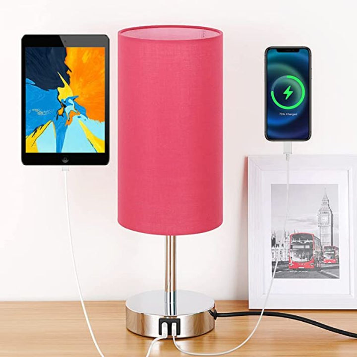 Lampe med USB-forbindelse Touch-Control Bordlampe til Soveværelse Træ 3-trins dæmpbar Sengelampe med Rund Linned Skærm til Stue, Studenterbolig, Hjemmekontor