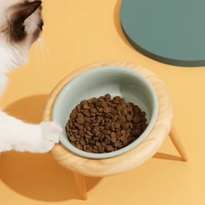 Misha Keramisk Hævet Katte Skål med Træstativ