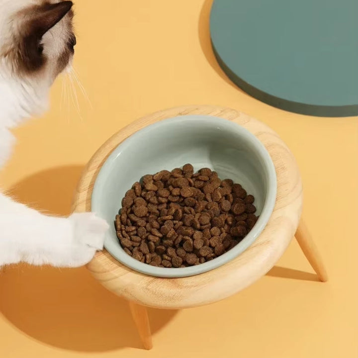 Misha Keramisk Hævet Katte Skål med Træstativ