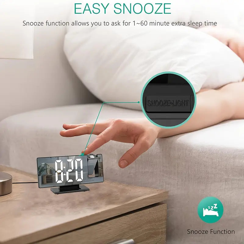 180° Justerbar LED Projektions Vækkeur – Snooze, 12/24T Tid &amp; Temperatur Display, Spejl Design – USB Drevet, Nattelys &amp; Hukommelsesfunktion