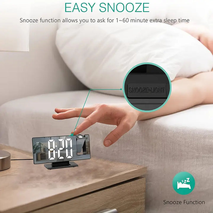 180° Justerbar LED Projektions Vækkeur – Snooze, 12/24T Tid &amp; Temperatur Display, Spejl Design – USB Drevet, Nattelys &amp; Hukommelsesfunktion