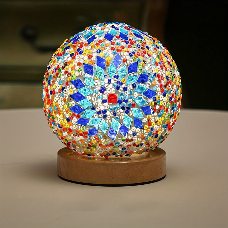 Mosaik glas kugle bordlampe med træbase - Tyrkisk marokkansk inspireret
