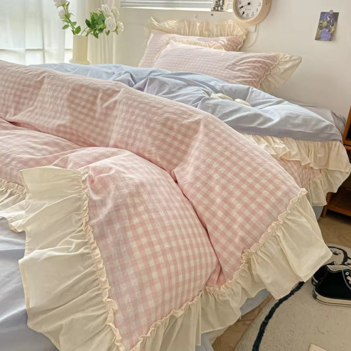 Gingham Tjek Rynkede Kanter Sengetøj Sæt