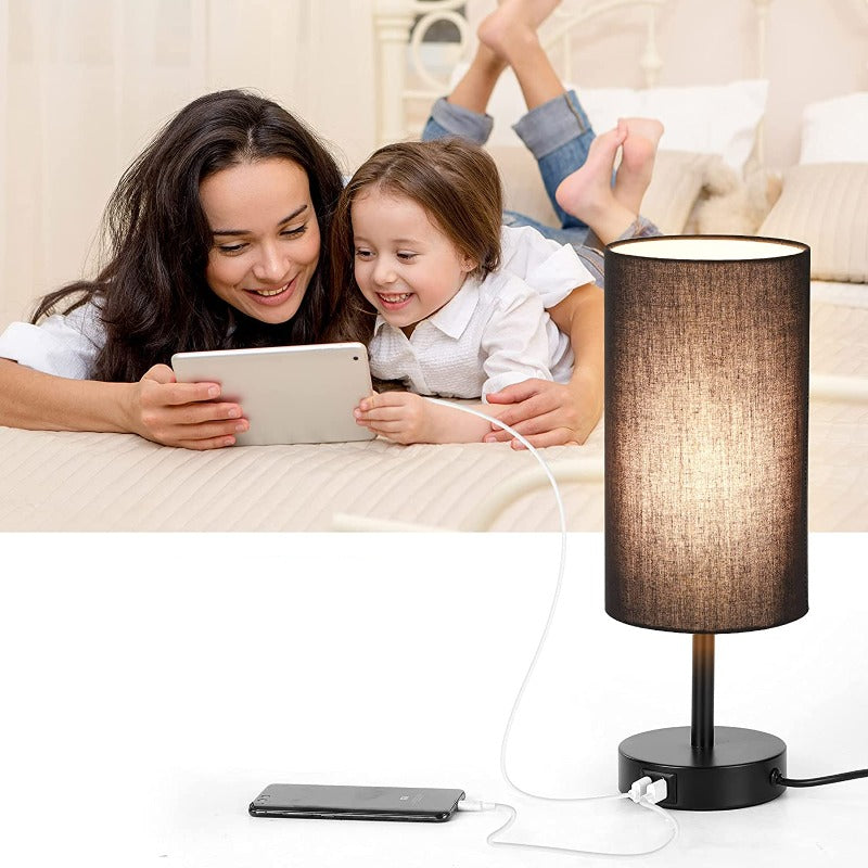 Lampe med USB-forbindelse Touch-Control Bordlampe til Soveværelse Træ 3-trins dæmpbar Sengelampe med Rund Linned Skærm til Stue, Studenterbolig, Hjemmekontor