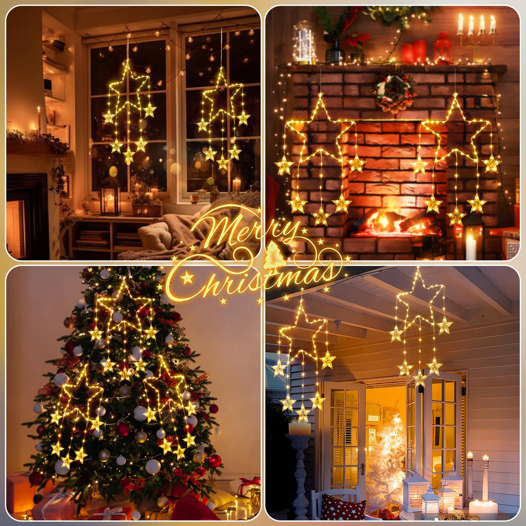 Quntis 2Pcs 95cm Store Julevindueslys, 84LED 12 Stjerner Batteridrevne Jule Silhuet Funklende Stjerne Lys med Timer Hukommelse, 8 Tilstande Xmas Indendørs Udendørs Hængende Dekoration, Varm Hvid