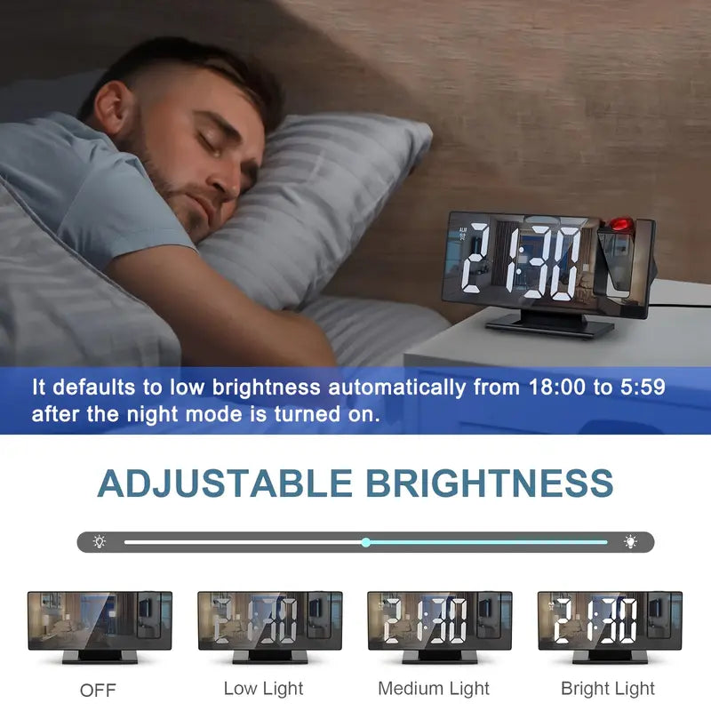 180° Justerbar LED Projektions Vækkeur – Snooze, 12/24T Tid &amp; Temperatur Display, Spejl Design – USB Drevet, Nattelys &amp; Hukommelsesfunktion