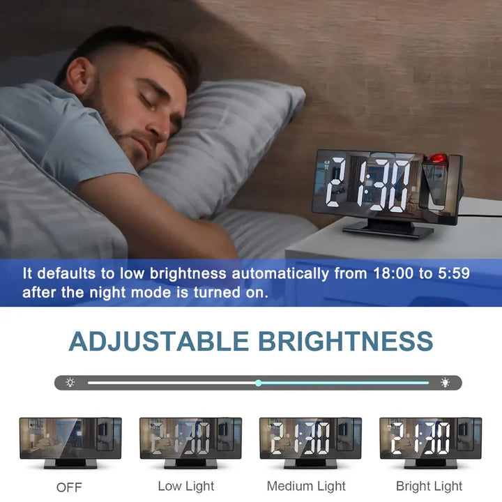 180° Justerbar LED Projektions Vækkeur – Snooze, 12/24T Tid &amp; Temperatur Display, Spejl Design – USB Drevet, Nattelys &amp; Hukommelsesfunktion