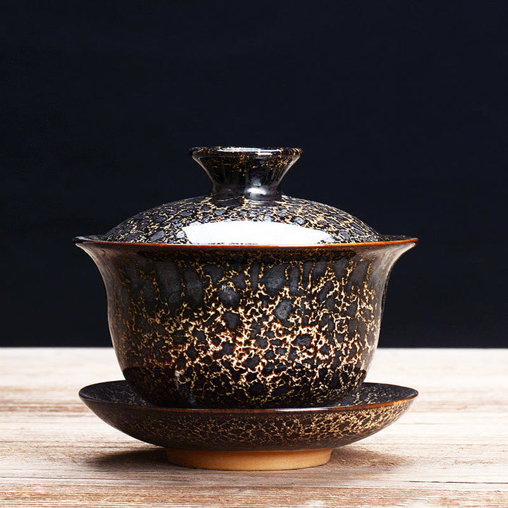 Vintage Keramisk Gaiwan Sancai Te Kop Te Kop og Underkop med Låg