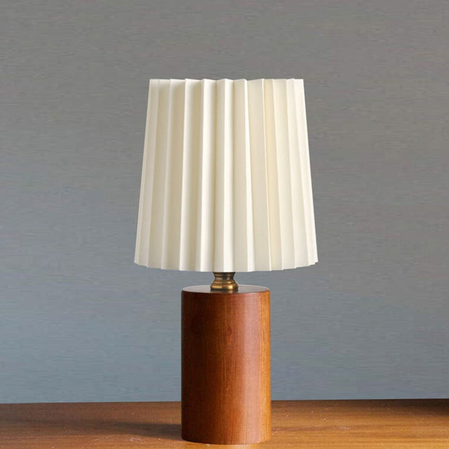 Vintage Koreansk Plisseret Kolonne Solid Træbase 1-Lys Bordlampe