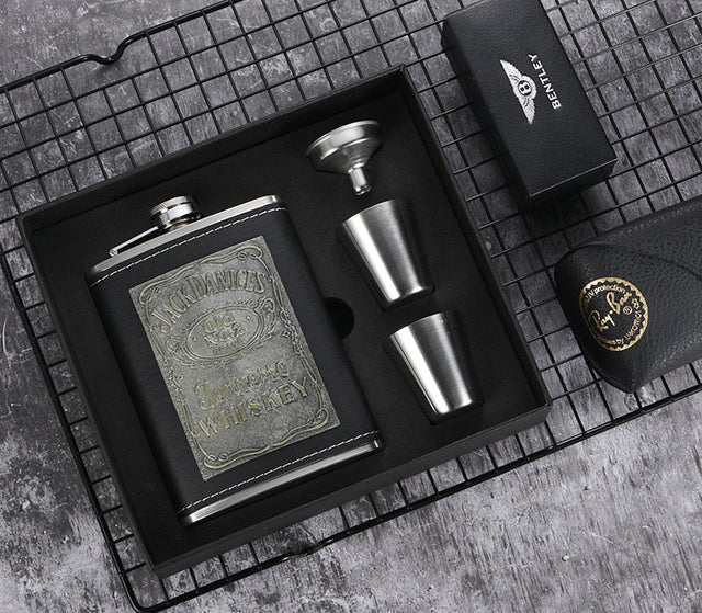 8oz Whisky Flaske lavet af Rustfrit Stål Alkohol Tragt Hip Flask Broderet Guld Silke Emballage Gaveæske Sæt