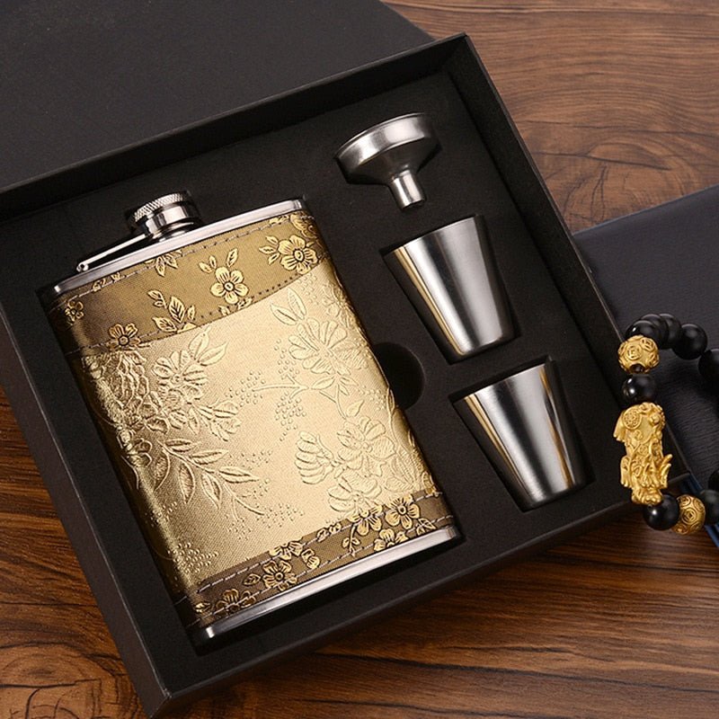 8oz Whisky Flaske lavet af Rustfrit Stål Alkohol Tragt Hip Flask Broderet Guld Silke Emballage Gaveæske Sæt