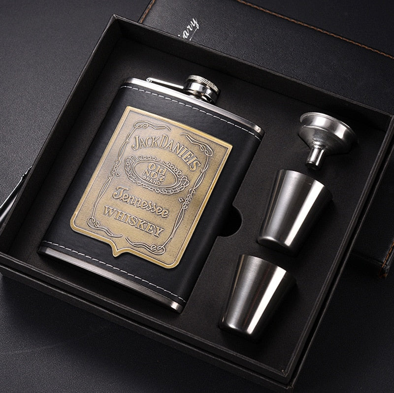 8oz Whisky Flaske lavet af Rustfrit Stål Alkohol Tragt Hip Flask Broderet Guld Silke Emballage Gaveæske Sæt