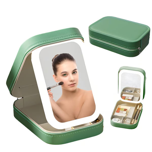 Bærbar Makeup Organizer — Kompakt LED Spejl med Justerbart Lys
