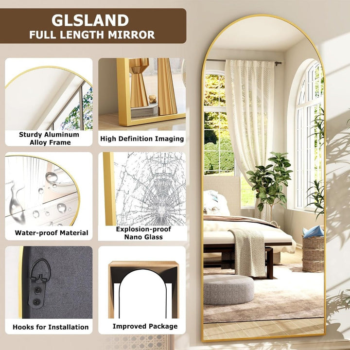 Elegant Bueformet Gulvlangt Guld Spejl med Højdefinition Aluminiumramme