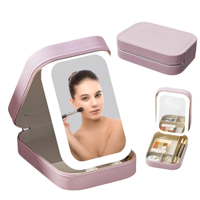 Bærbar Makeup Organizer — Kompakt LED Spejl med Justerbart Lys
