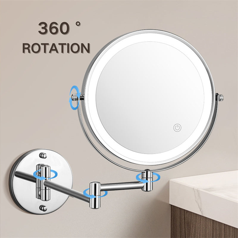 Genopladeligt vægmonteret barberingsspejl | 360° rotation. 1X/10X forstørrelse og justerbart LED-lys til brug i badeværelset