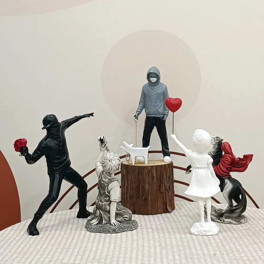 Dropshipping Banksy Skulptur Samling Blomster Kast Statue Pop Art Moderne Ballon Pige Figurine Kontor Hjem Dekoration