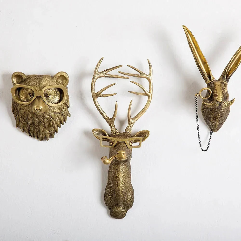 Antik Bronze Harpiks Dyr Pendant Gylden Hjortehoved Væg Opbevaringskrog Baggrundsvæg Tilbehør Dekorative Figurer