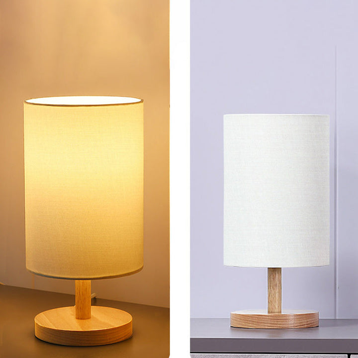 Traditionel Japansk Cylinder Træ Stof 1-Lampe Bordlampe til Stuen