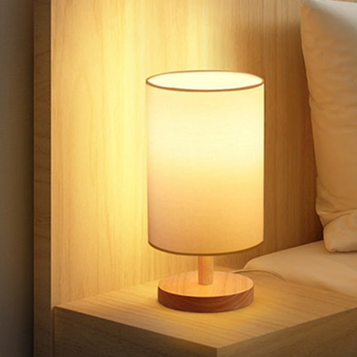 Traditionel Japansk Cylinder Træ Stof 1-Lampe Bordlampe til Stuen