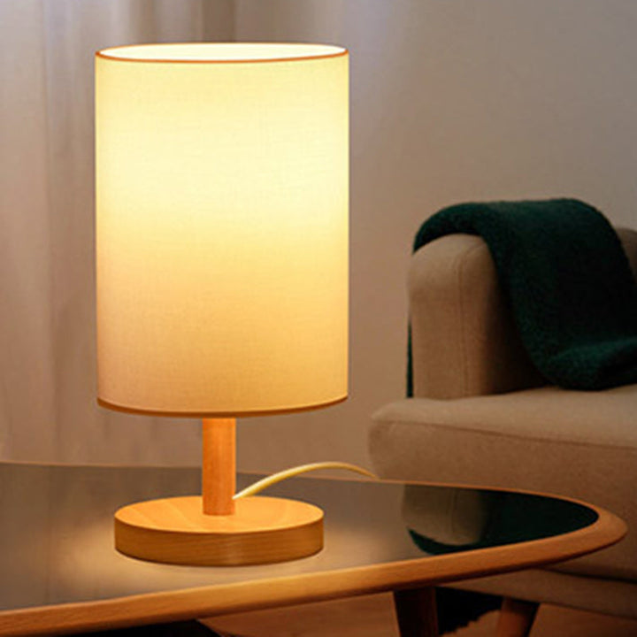 Traditionel Japansk Cylinder Træ Stof 1-Lampe Bordlampe til Stuen