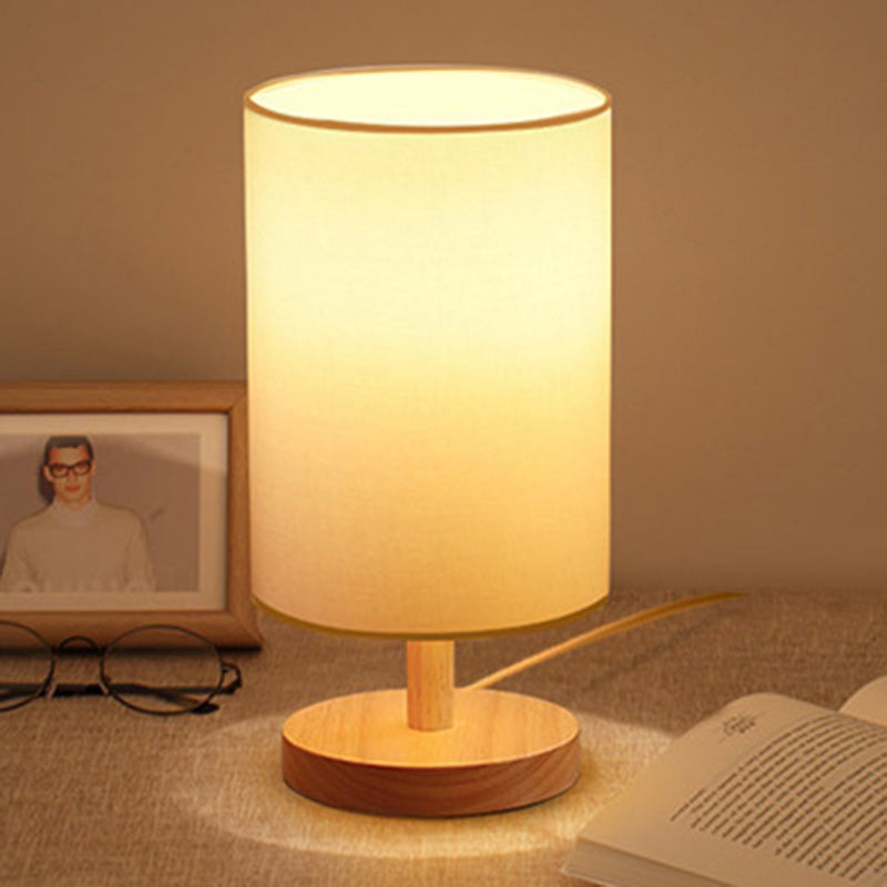 Traditionel Japansk Cylinder Træ Stof 1-Lampe Bordlampe til Stuen
