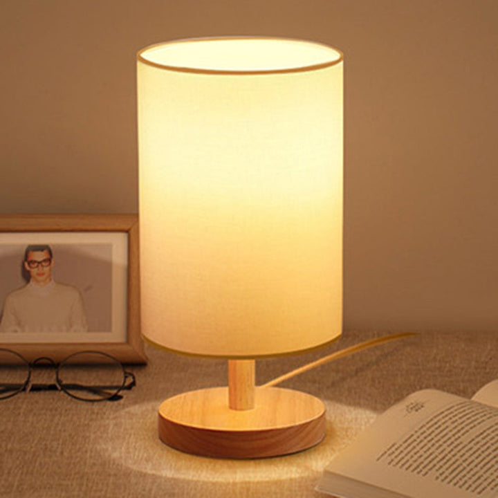 Traditionel Japansk Cylinder Træ Stof 1-Lampe Bordlampe til Stuen