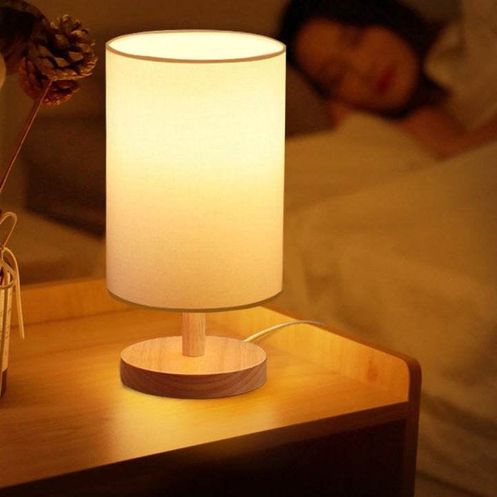 Traditionel Japansk Cylinder Træ Stof 1-Lampe Bordlampe til Stuen