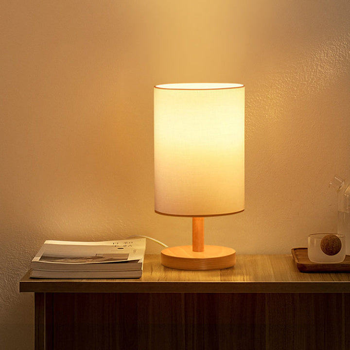Traditionel Japansk Cylinder Træ Stof 1-Lampe Bordlampe til Stuen