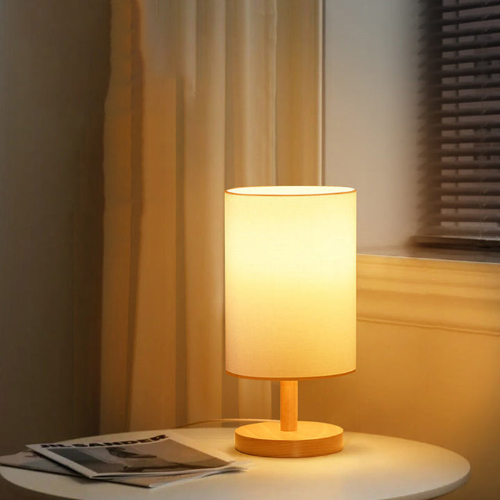 Traditionel Japansk Cylinder Træ Stof 1-Lampe Bordlampe til Stuen