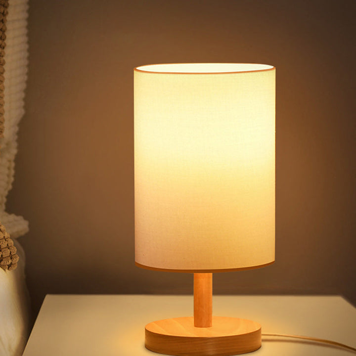 Traditionel Japansk Cylinder Træ Stof 1-Lampe Bordlampe til Stuen