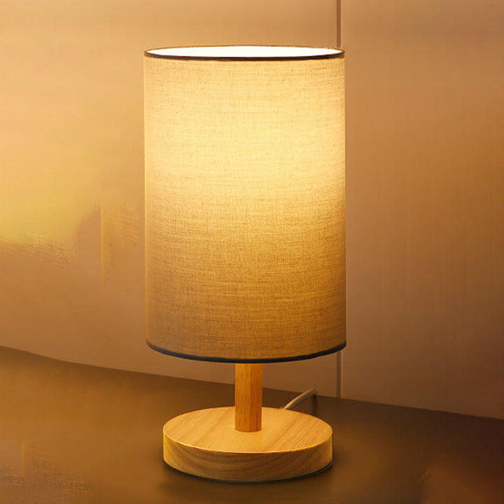 Traditionel Japansk Cylinder Træ Stof 1-Lampe Bordlampe til Stuen