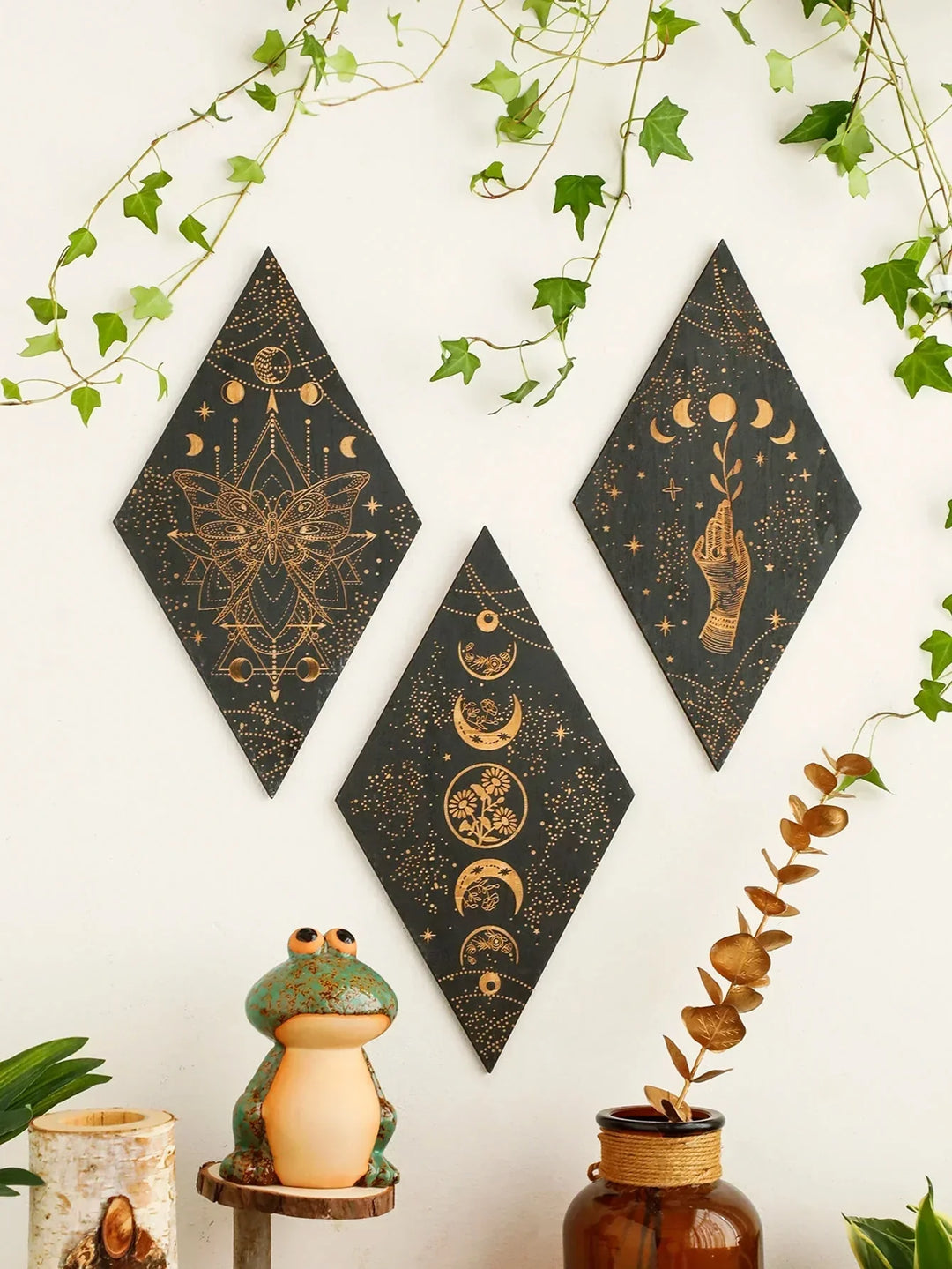 Sort Måne Faser Træ Vægdekoration Rhombus Vægkunst Boho Hjem Deko Heks Tapestry Dekoration Rum Deko Æstetisk Gave