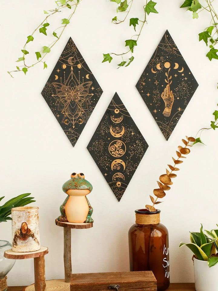 Sort Måne Faser Træ Vægdekoration Rhombus Vægkunst Boho Hjem Deko Heks Tapestry Dekoration Rum Deko Æstetisk Gave