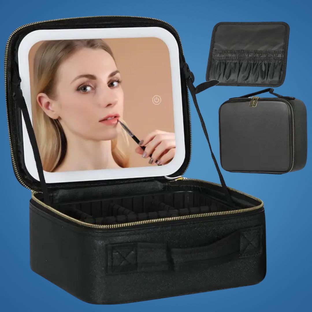 GlamOrganize | Makeup &amp; Toiletry Bag - Kosmetisk Organizer - LED Spejl - Kompakt Opbevaring til Makeup og Hudpleje - Rejsevenlig