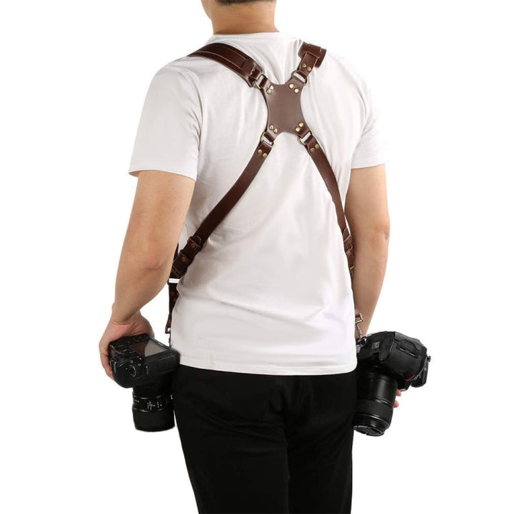 Hurtigfrigivelse Anti-Skrid Dobbelt Skulder Læder Slynge Kamera Rem med Metal Krog til SLR / DSLR Kameraer (Brun)
