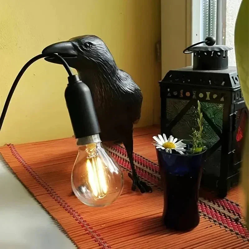 E14-pære med stik, gotisk ravn lampe, vintage resin fuglelampe til natbord, kontor, stue, landhus art deco stil