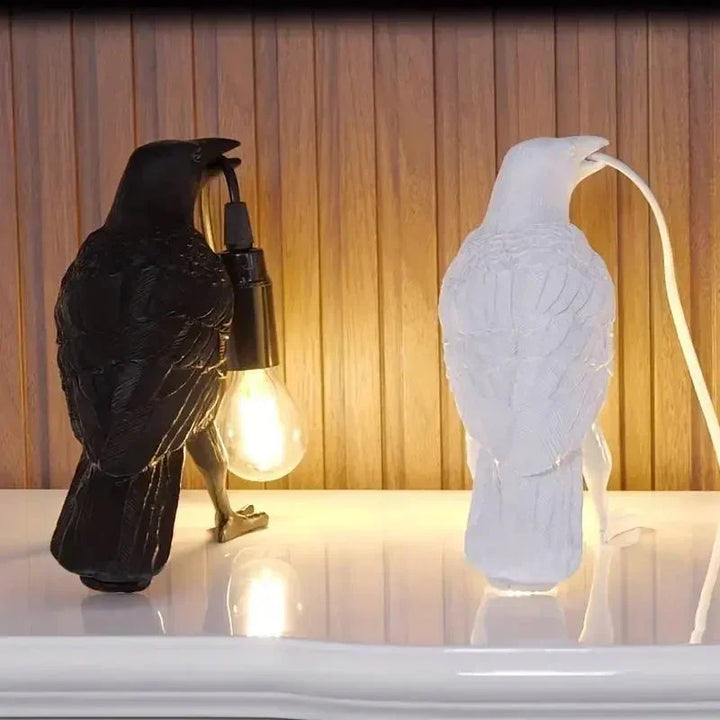 E14-pære med stik, gotisk ravn lampe, vintage resin fuglelampe til natbord, kontor, stue, landhus art deco stil