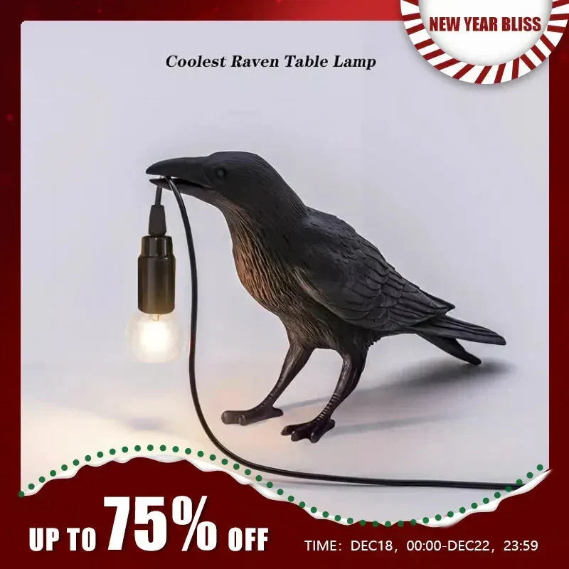 E14-pære med stik, gotisk ravn lampe, vintage resin fuglelampe til natbord, kontor, stue, landhus art deco stil