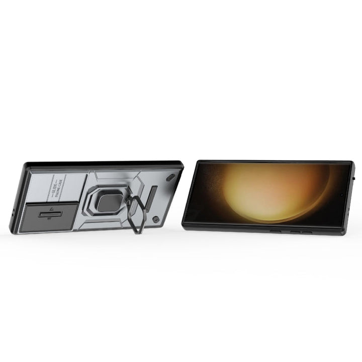 For Samsung Galaxy S24 Ultra 5G Sliding Camshield TPU + PC Stødabsorberende Telefonetui med Holder (grå)