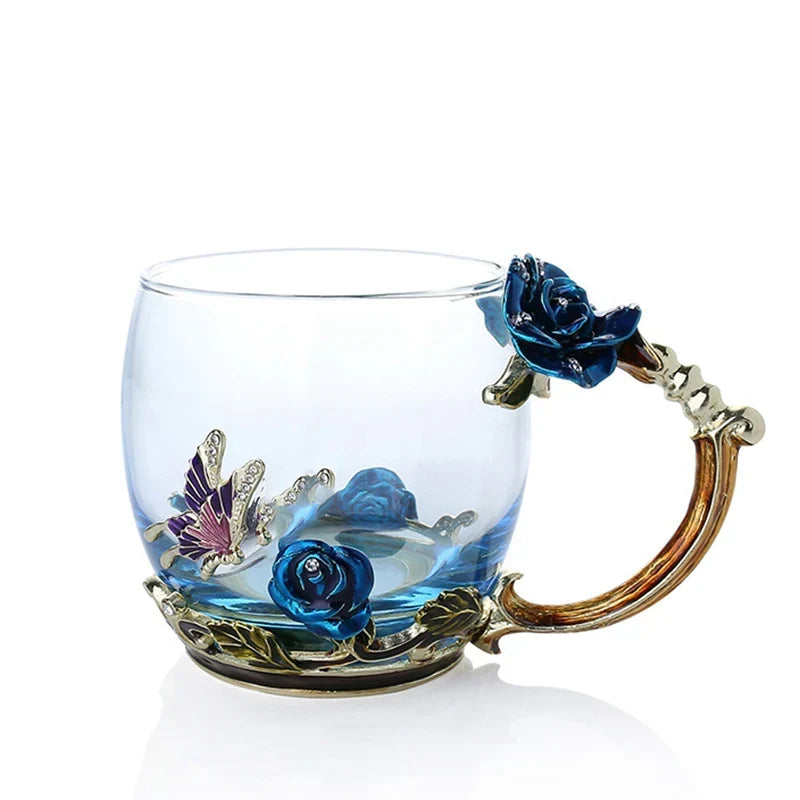 Håndlavede Emalje Kaffe Kopper Rose-Glas Te Kop med Stål Ske Luksus Unikke Gaver til Bryllup, Valentinsdag, Fødselsdagsgaver