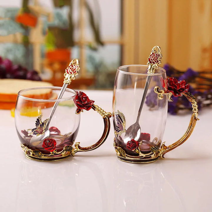 Håndlavede Emalje Kaffe Kopper Rose-Glas Te Kop med Stål Ske Luksus Unikke Gaver til Bryllup, Valentinsdag, Fødselsdagsgaver
