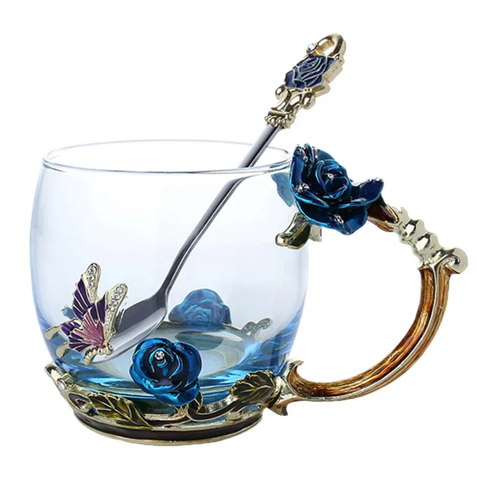 Håndlavede Emalje Kaffe Kopper Rose-Glas Te Kop med Stål Ske Luksus Unikke Gaver til Bryllup, Valentinsdag, Fødselsdagsgaver