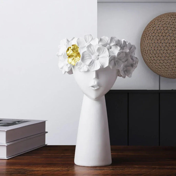 Nordisk Pige Hoved Blomst Harpiks Vase Statue Blomster Vaser til Kontor Desktop Tørrede Blomster Ornamenter Dekorationsbeholder