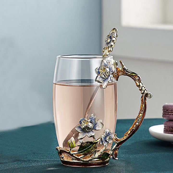 Håndlavet emalje blomster glas krus til par kærlighedsgave, kan servere kaffe, smagsfuld te eller endda citronsaft i