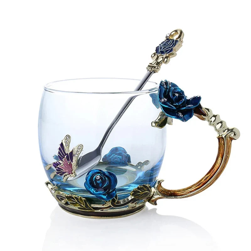 Håndlavede Emalje Kaffe Kopper Rose-Glas Te Kop med Stål Ske Luksus Unikke Gaver til Bryllup, Valentinsdag, Fødselsdagsgaver