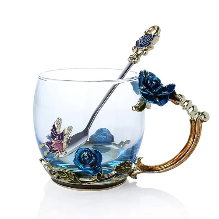 Håndlavede Emalje Kaffe Kopper Rose-Glas Te Kop med Stål Ske Luksus Unikke Gaver til Bryllup, Valentinsdag, Fødselsdagsgaver