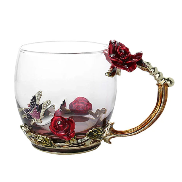 Håndlavede Emalje Kaffe Kopper Rose-Glas Te Kop med Stål Ske Luksus Unikke Gaver til Bryllup, Valentinsdag, Fødselsdagsgaver